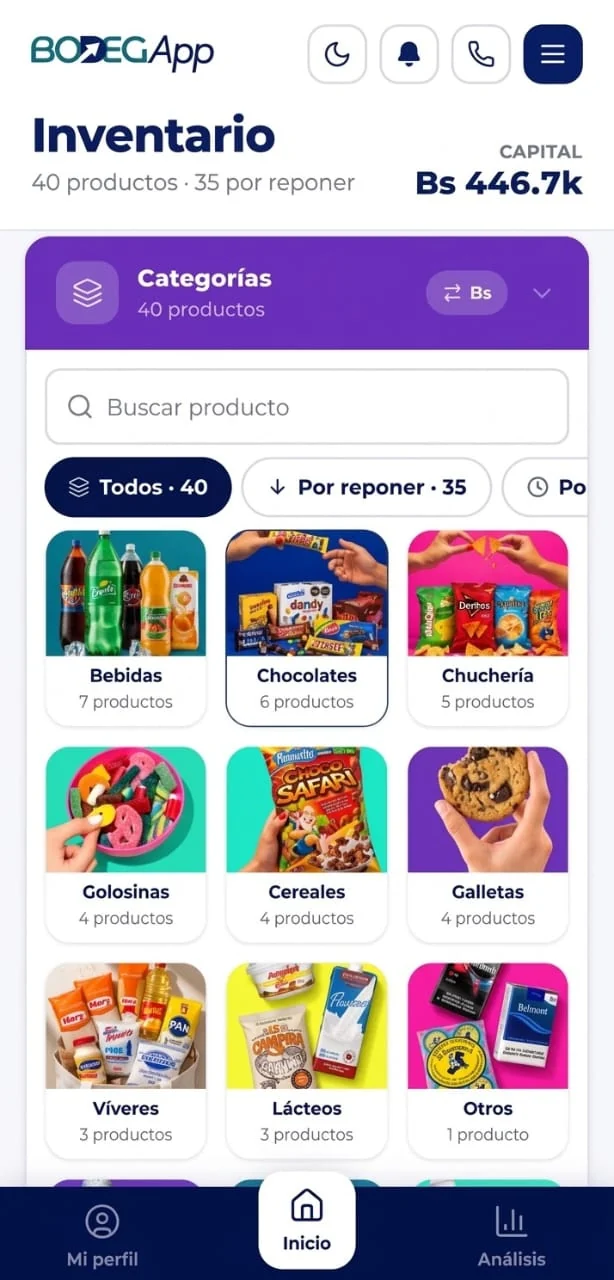 Pantalla de inventario de BodegApp con los productos por categoria