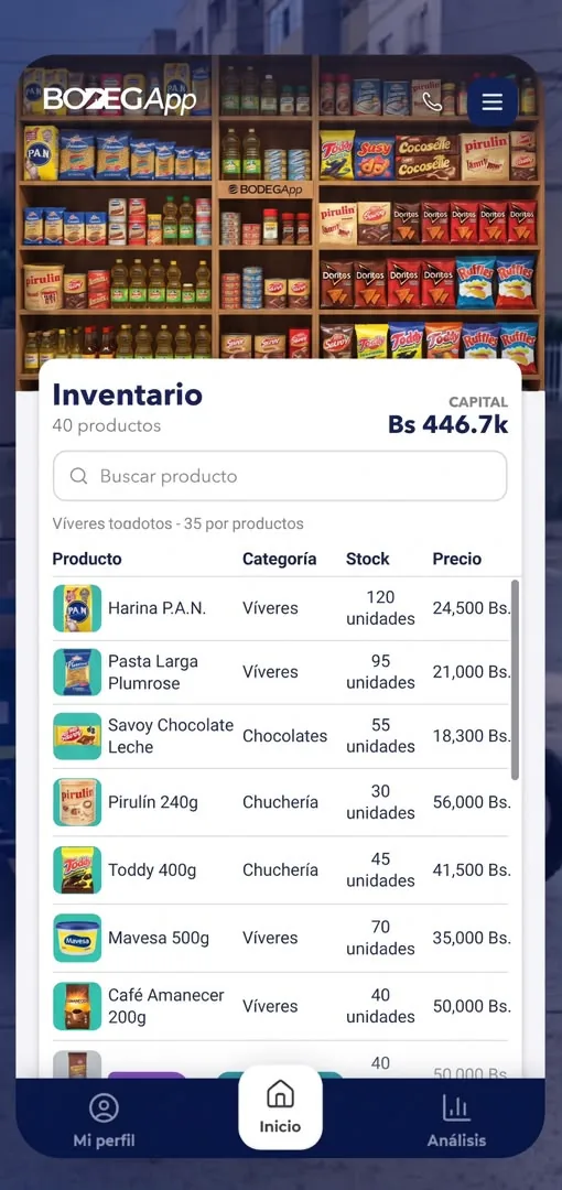 Pantalla de inventario de BodegApp con los productos, su stock y su precio